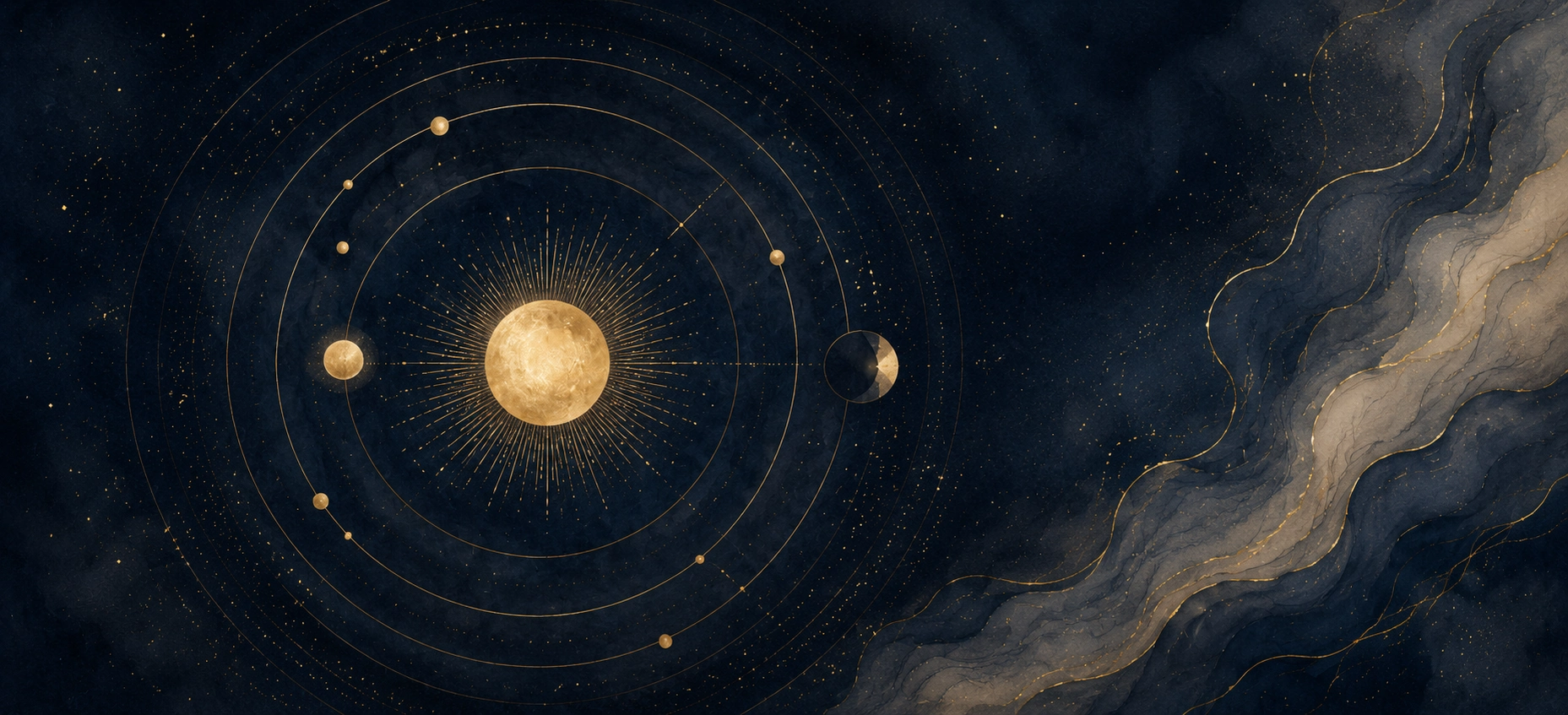 Kosmische Sonne mit goldenen Planetenbahnen