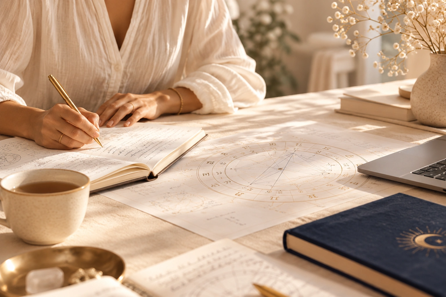 Astrologische Arbeit am Schreibtisch mit Horoskopnotizen und einem Geburtshoroskop