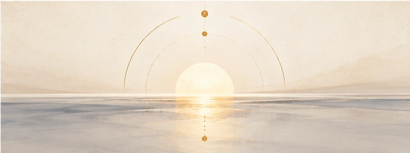 Abstrakte Landschaft am Horizont mit goldenem Sonnenaufgang, Kreisbögen und Mondphasen