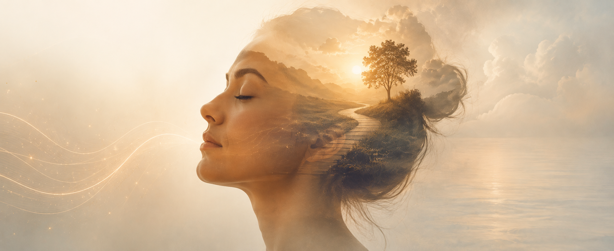 Frau mit geschlossenen Augen, in deren Silhouette eine ruhige Landschaft mit einem Baum sichtbar wird