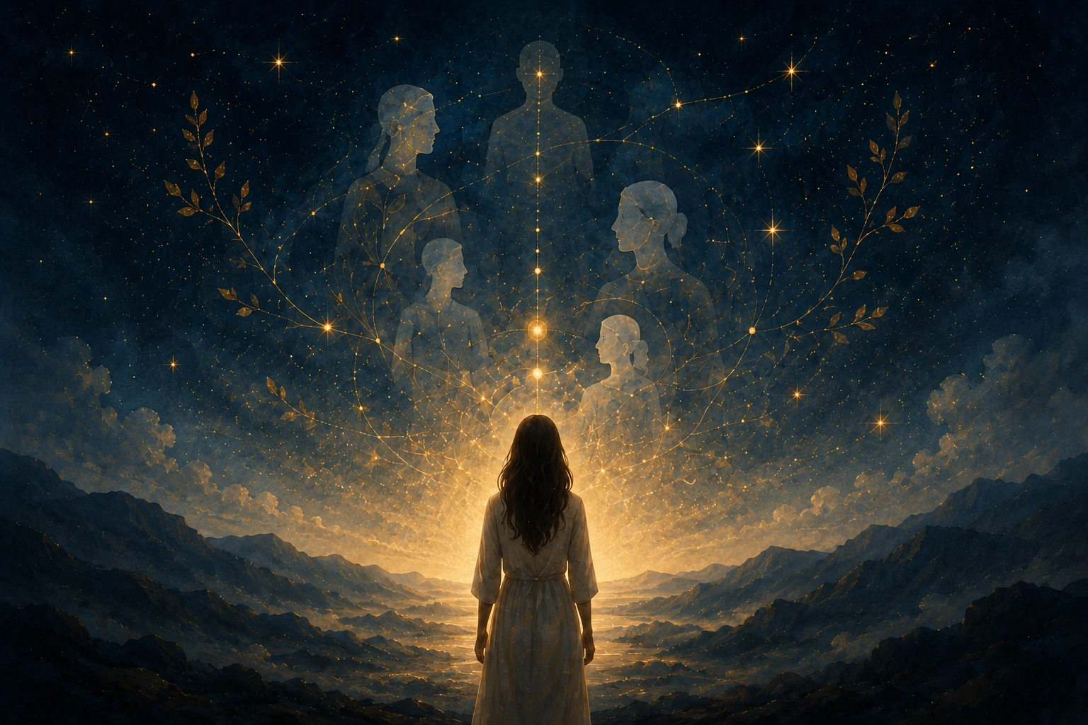 Kosmische Landschaft mit einer Frau und verbundenen Generationen als Symbol für Herkunft und Entwicklung